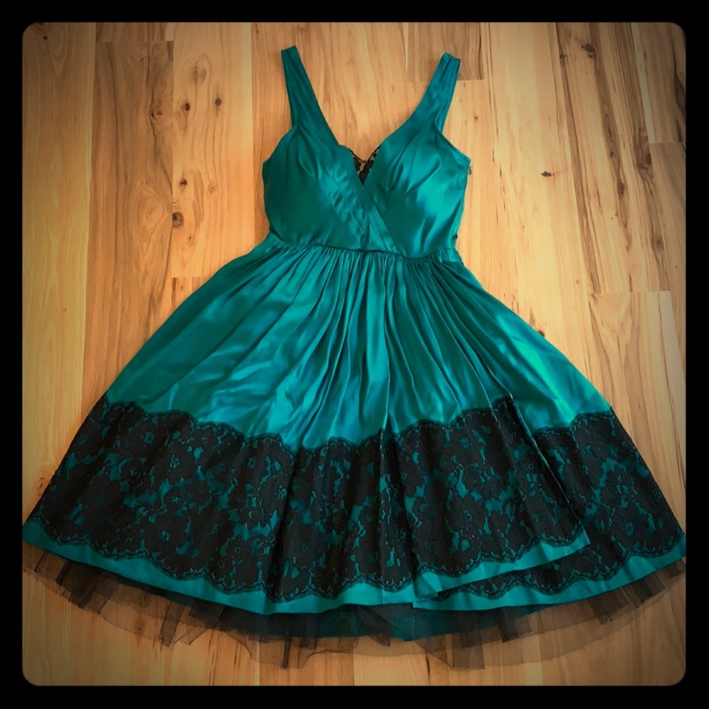 Plenty by Tracy Reese Teal Silk, Black Lace Dress